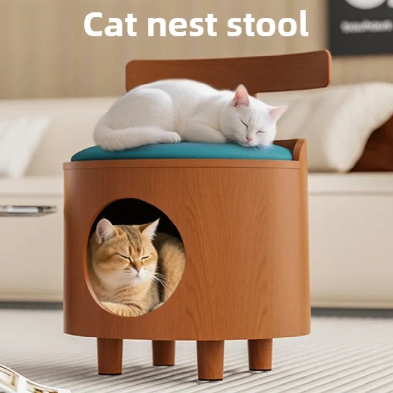 Taburete nido de gato de doble uso de madera, casa interior, escondido cerrado, taburetes para zapatos, camas para gatos durmientes, cálido, a prueba de humedad para mascotas