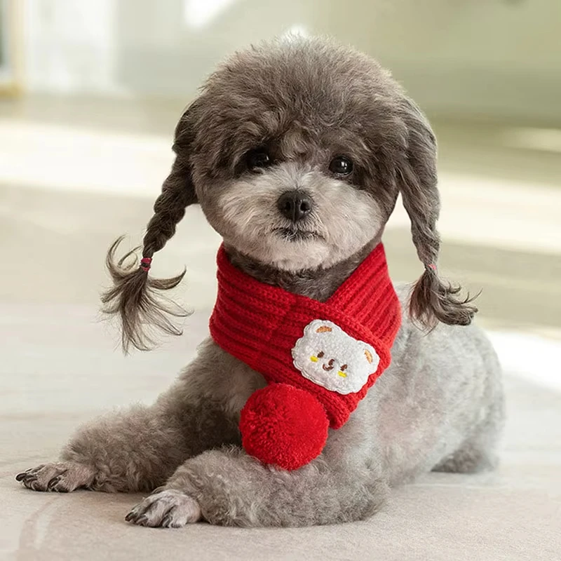 1 Uds. Bufanda tejida para perro, bufandas de punto cálidas para invierno con decoración de cuello de bola, accesorios para perros, pañuelo tejido, bufanda para cuello