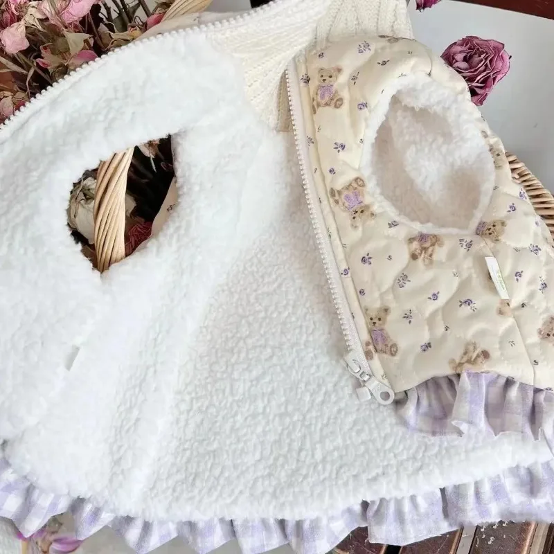 Abrigo Floral de encaje a cuadros para mascotas, Parkas de invierno para perros, camisa Base con lazo más grueso, chaquetas de osos de peluche, ropa para cachorros pequeños - imagen 3