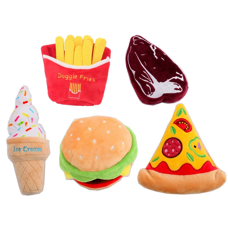 Juguete de peluche para mascotas, masticar perros, juguetes con chirrido, juego interactivo para cachorros, suministros de sonido, lindo, papas fritas, hamburguesa, carne, divertido - imagen 5