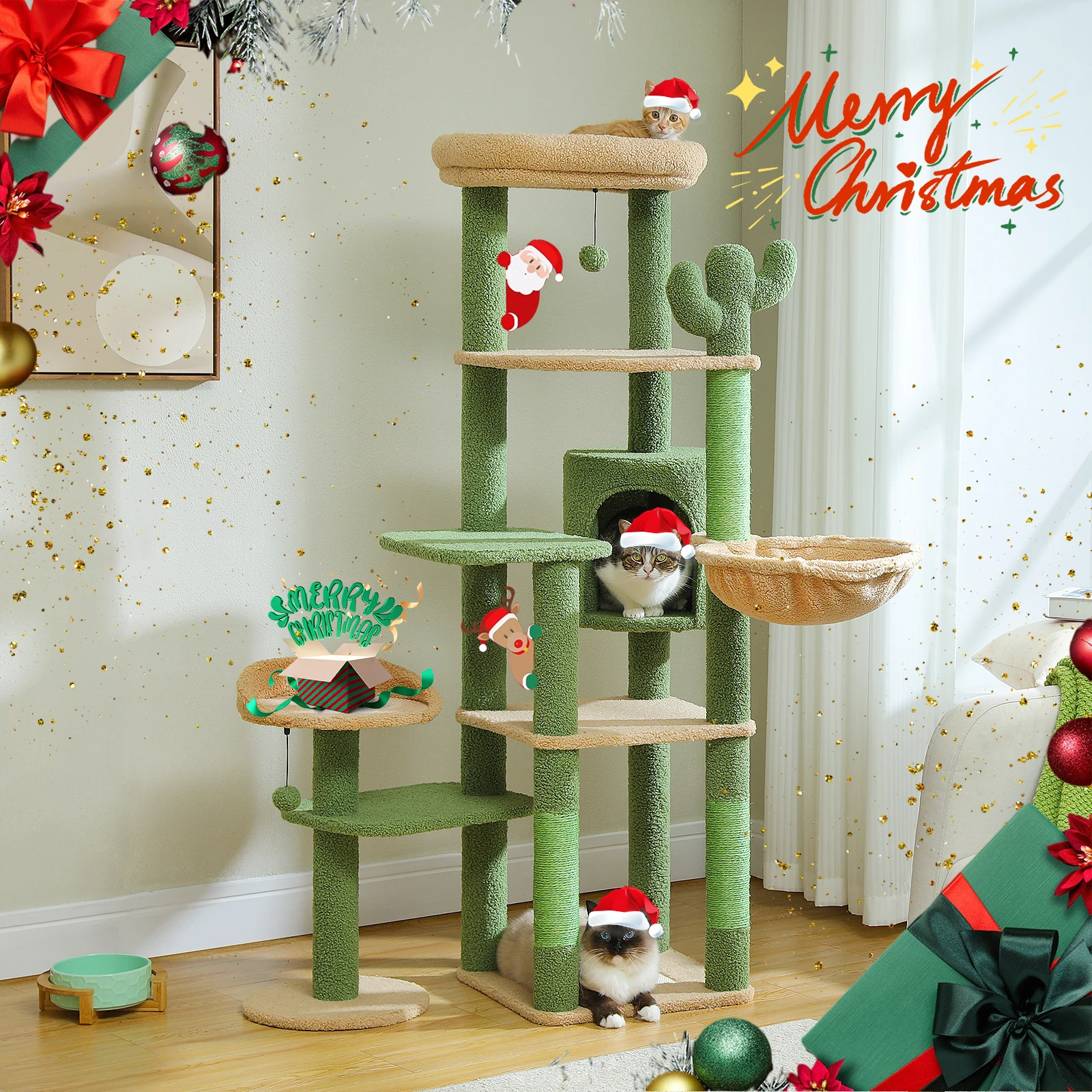 Torre de árbol para gatos multifuncional con 3 palos de pompones extraíbles, percha superior grande y acogedora, hamaca grande, lindo Condo redondo para gatos, juguetes para gatos