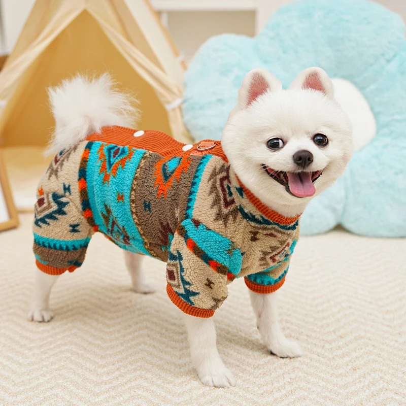 Ropa de invierno con estampado étnico para perros pequeños y medianos, cuatro mallas protectoras para gatos de Año Nuevo, conjunto de terciopelo para Bulldog Francés - imagen 3