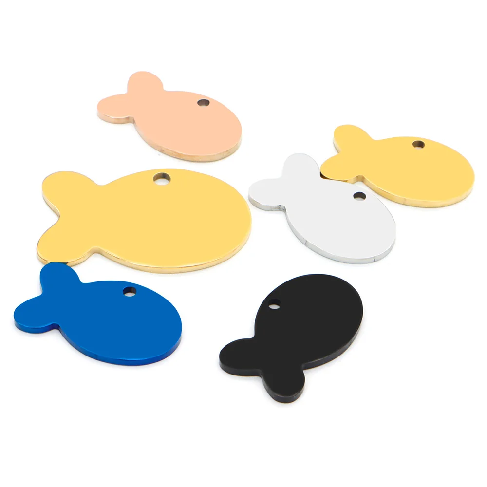 100 Uds. Etiqueta de identificación de mascota personalizada forma de pez acero inoxidable en blanco grabado colgante accesorios llavero regalo