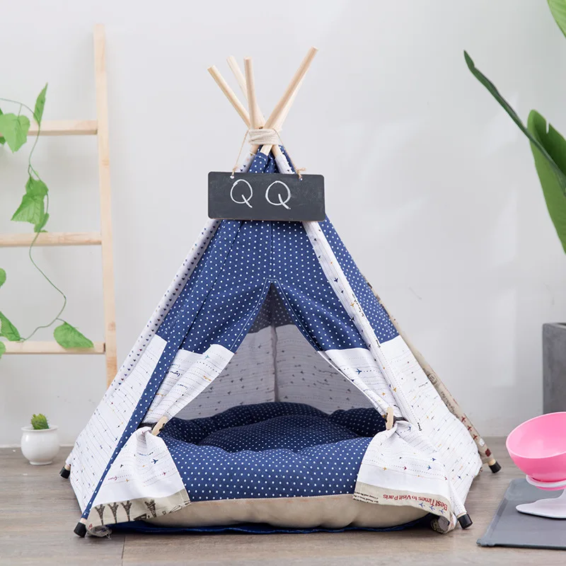 Tienda de campaña con ventilación para mascotas, cama para perros pequeños y medianos, casa para gatos, tela de lona, estructura de madera, accesorios para perros - imagen 3