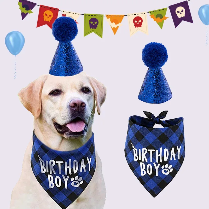 Conjunto de sombrero bandana para niño de cumpleaños de perro y gato, bonitos suministros de fiesta con estampado a cuadros, accesorio para sombreros de disfraz para celebración de cumpleaños