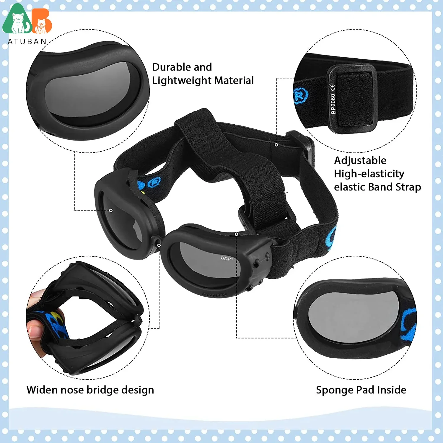 ATUBAN-Gafas de casco para perros pequeñas, protección UV, gafas de sol para perros y mascotas, sombrero de seguridad duro para motocicleta con ajustable - imagen 2