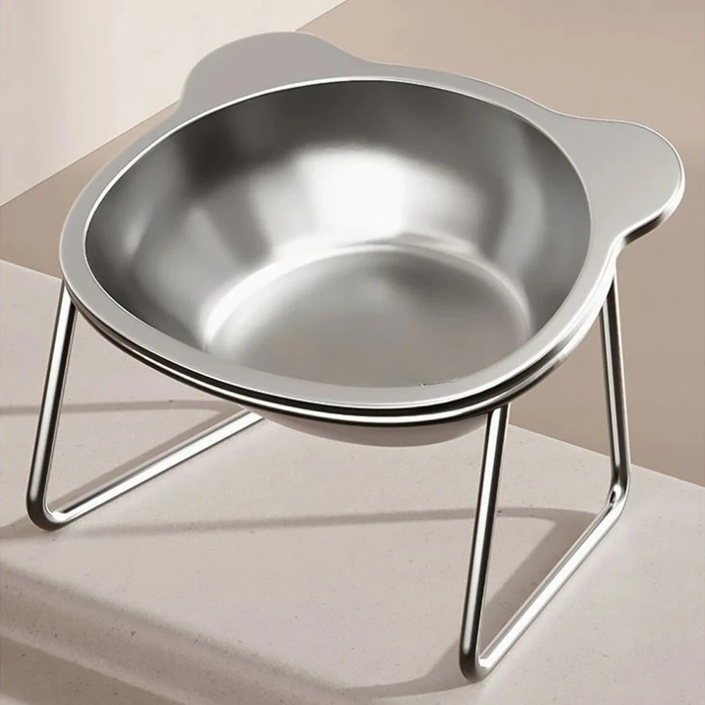 Cuenco para gatos de acero inoxidable, diseño de soporte elevado con llantas inclinadas para una protección mejorada del cuello, plato de alimentación duradero para mascotas