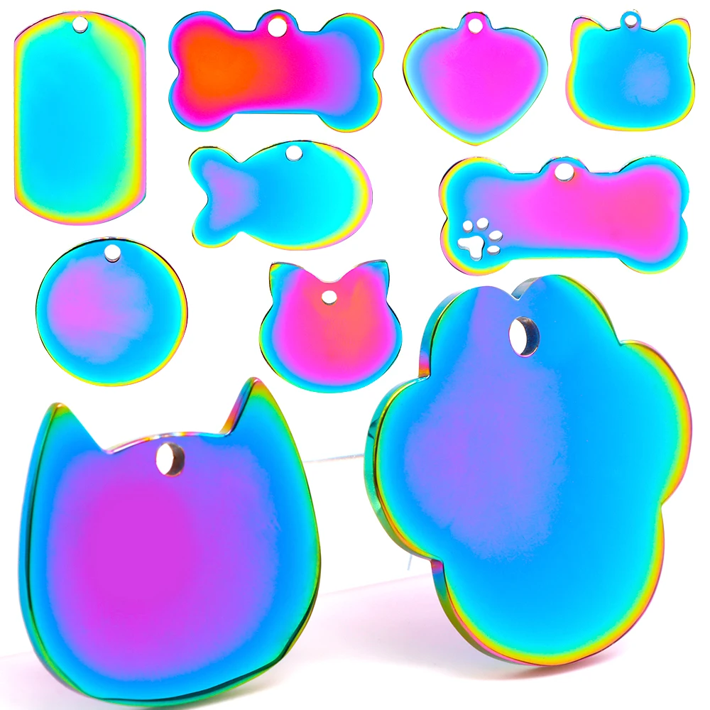 100 Uds. Etiqueta de identificación de acero inoxidable arcoíris para perro mascota placa de identificación personalizada antipérdida llavero de Metal colgante dijes accesorios de regalo - imagen 2