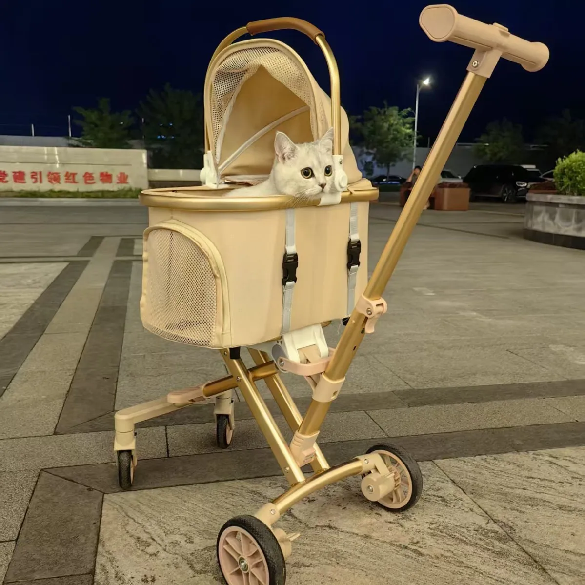 Carrito plegable para perros y gatos – Oro rosa, ligero con bolsa - imagen 5