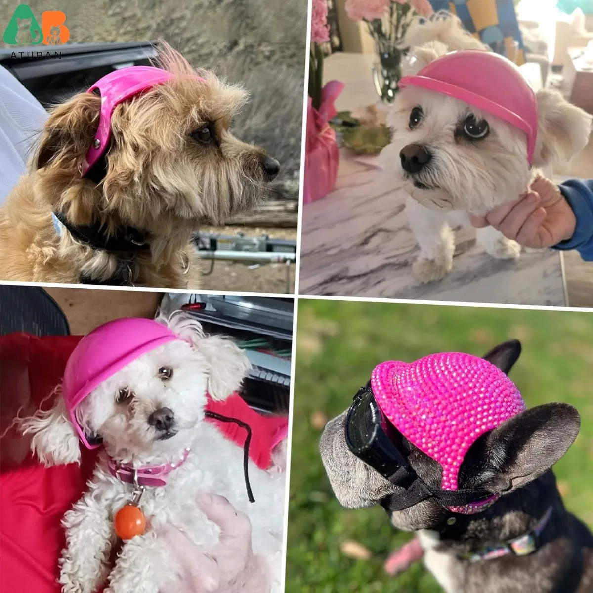 Casco para perro ATUBAN con orificios para las orejas, correa ajustable, sombrero de seguridad para bicicleta y motocicleta para mascotas para conducción y conducción al aire libre, sombrero de seguridad para mascotas - imagen 5