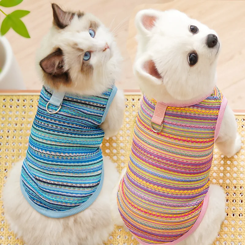 Lindo chaleco a rayas para perros, ropa fina de verano para perros, camisa transpirable para cachorros, jerseys para gatos a la moda, chaleco para mascotas, ropa para perros caniche Yorkshire - imagen 2