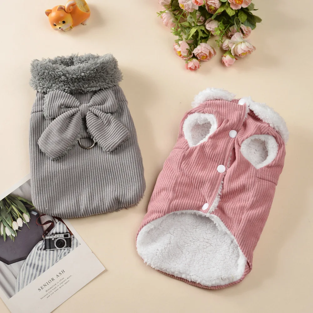 Ropa de pana para perros, chaleco de invierno para cachorros, ropa, abrigo con lazo rosa y gris, chaqueta para perros pequeños y medianos, perro salchicha, Chihuahua XXL