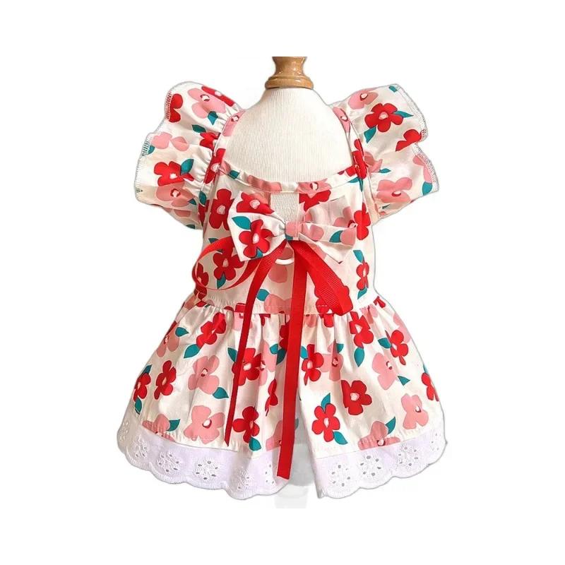 Ropa para mascotas, vestido con mangas voladoras, vestido a cuadros con flores para primavera y verano, oso de peluche, Corgi, ropa para perros y gatos, vestidos para perros pequeños - imagen 5