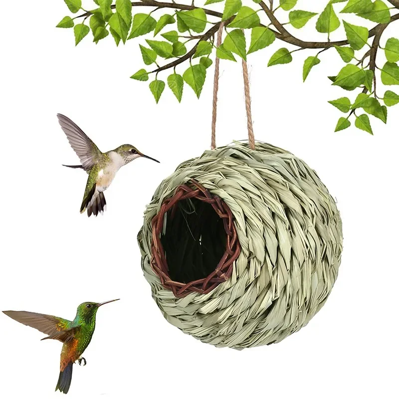 Casas de colibrí tejidas a mano, nido de pájaro con forma de bola, hierba tejida, casa de nido de colibrí para decoraciones de jardín al aire libre - imagen 3