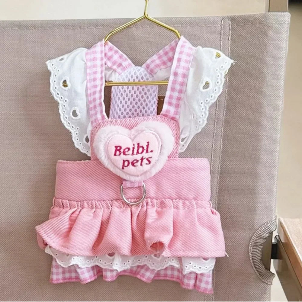 Pet Peach Heart Denim Skirt Dog Cat Pull Chest Back Clothes in Spring Breathable Dog Walking Harness Cat Collar - imagen 5