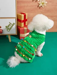 Vestido árbol Navidad para perros con bola de pelo y estrellas