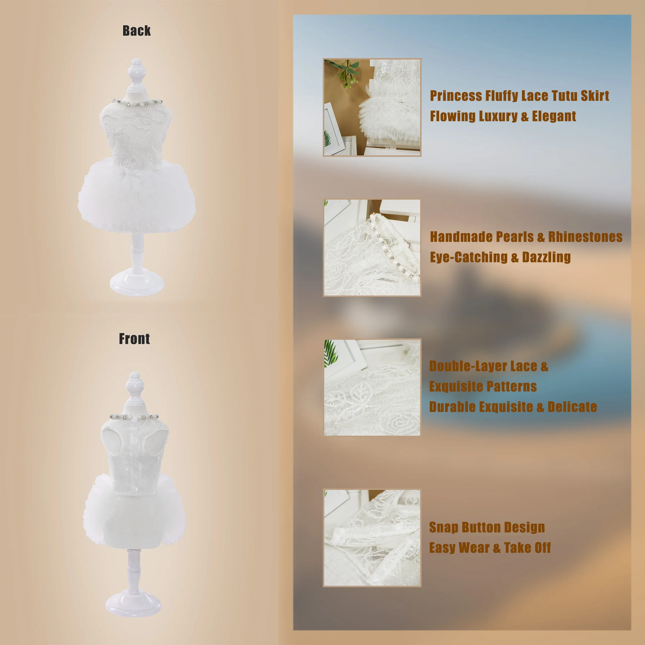 Vestido blanco para perros, falda de encaje y perlas de lujo para cachorros, ropa para perros, vestidos de princesa, vestido clásico de boda, falda tutú para perros pequeños y gatos - imagen 5