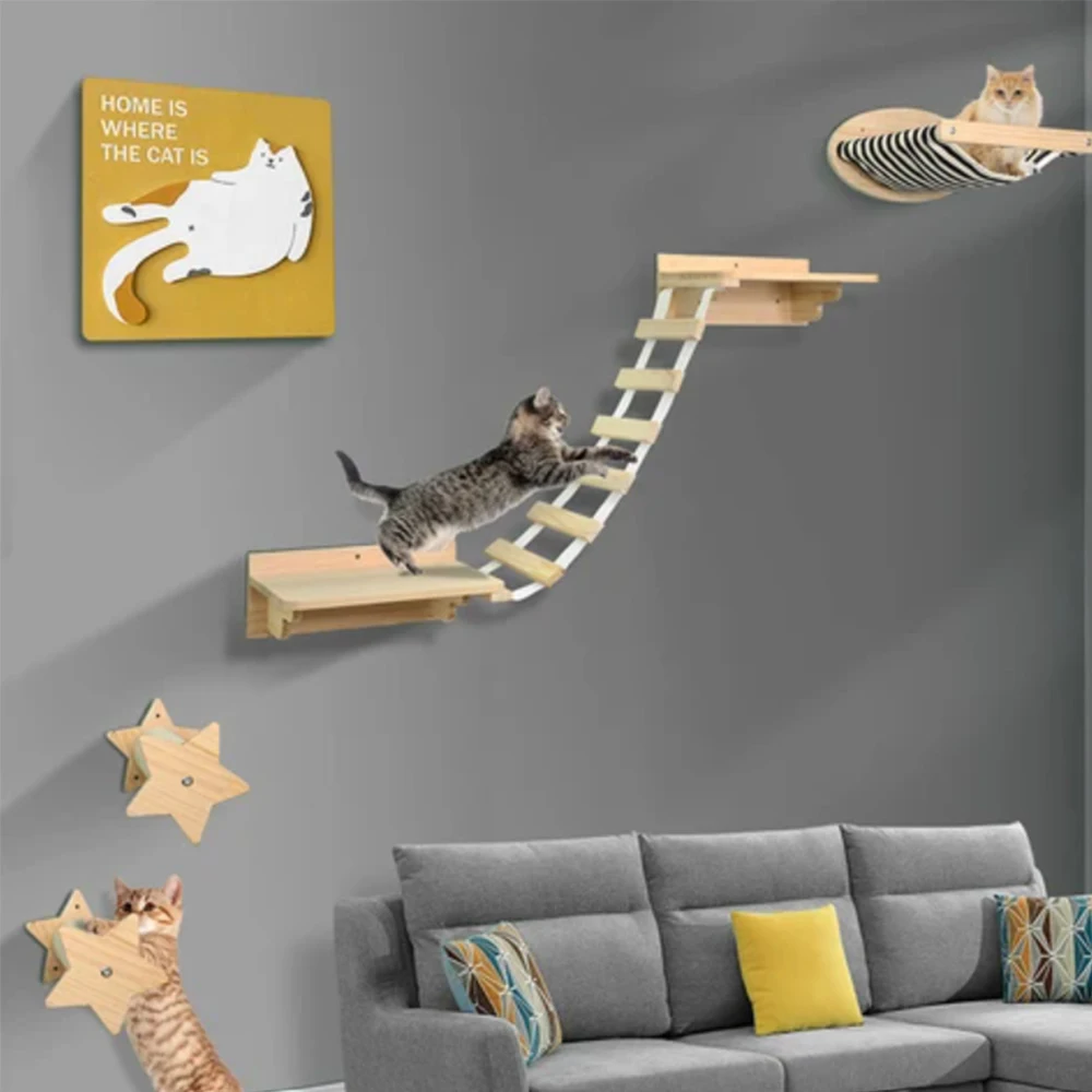 Marco de escalada para gatos de madera maciza montado en la pared: plataforma de salto multifuncional con poste para rascar, cama de madera para gatos para descanso de gatitos - imagen 5
