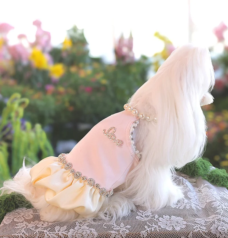 Vestido para mascotas con perlas y diamantes de imitación, vestido de tul para mascotas, vestido de boda para mascotas, ropa de fiesta para perros, vestido hinchado para mascotas rosa - imagen 4