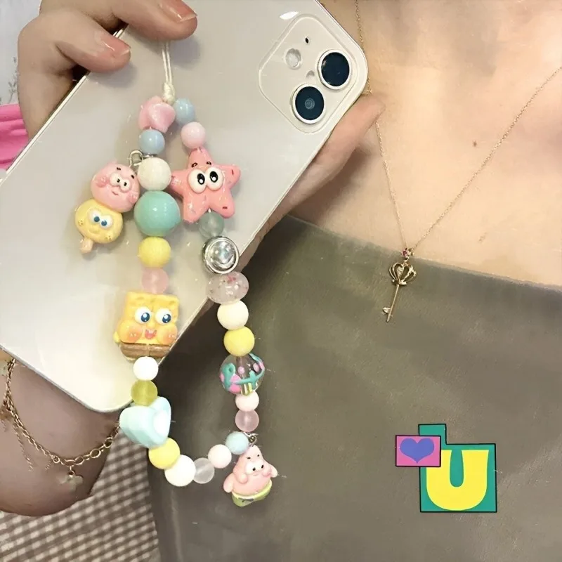 Bob Esponja Patrick Star teléfono cordón correa colgante dibujos animados Anime bolsa decoración mujeres Kawaii coche llavero correa de muñeca portátil - imagen 2