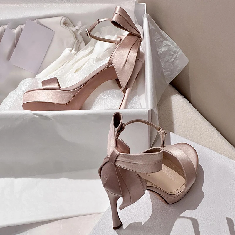 Sandalias de tacón aguja con lazo champagne para mujer eventos fiestas - imagen 5