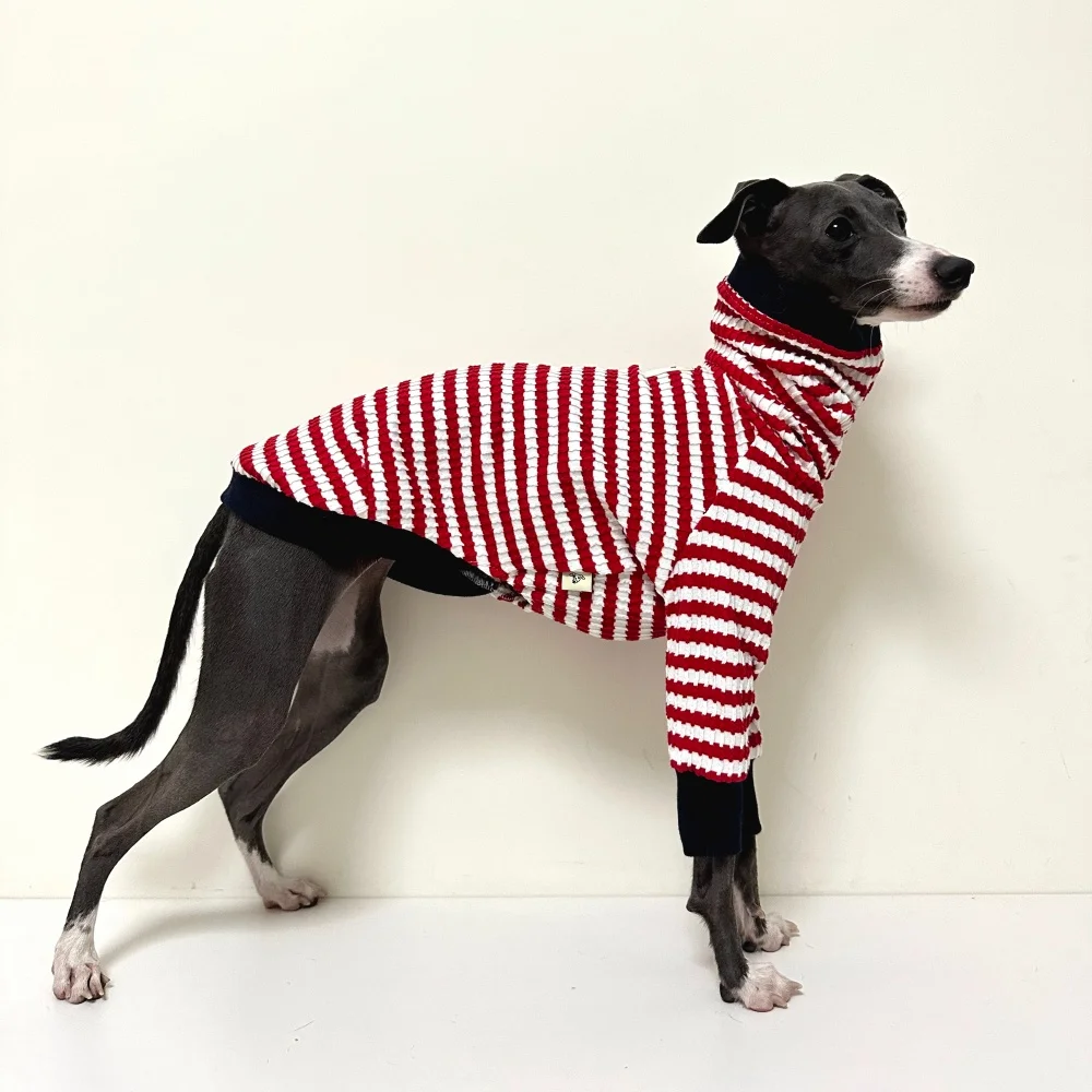 Camiseta de primavera de cuello alto a rayas rojas para perro medio, abrigo de manga larga de algodón elástico para pijamas suaves de galgo italiano Wellington - imagen 3