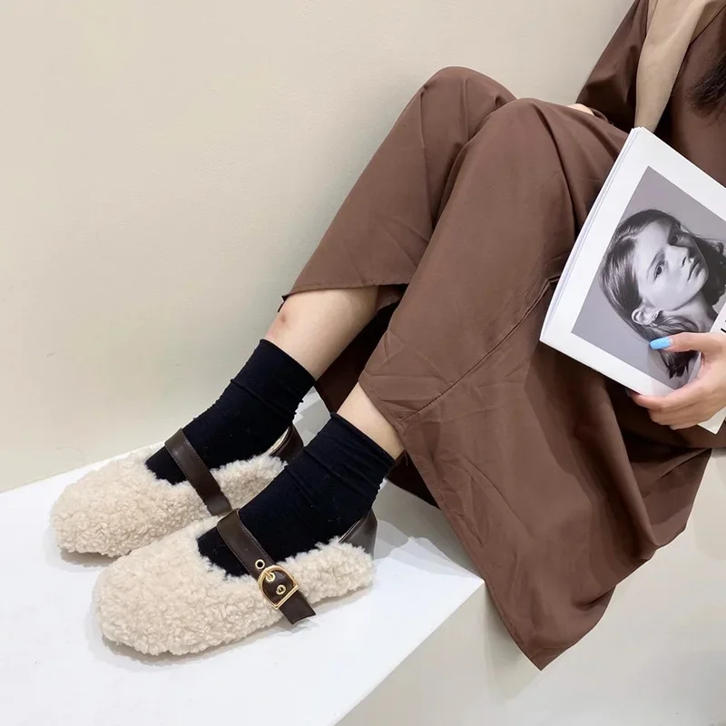 Zapatos planos de piel Vintage de diseñador para mujer, zapatos con hebilla de cinturón poco profundos a la moda, zapatos elegantes para mantener el calor para primavera y otoño - imagen 2