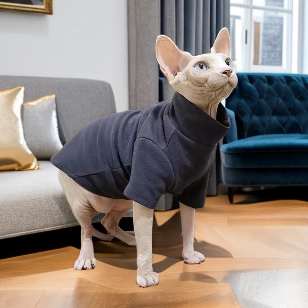 Primavera otoño ropa de gato Color sólido Sphynx cuello alto cálido polar jerseys para mascotas ropa para gatos - imagen 4