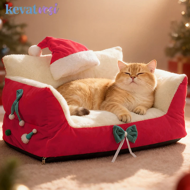 Cama suave y cálida para gatos, sofá navideño para mascotas, cama para gatos, perros pequeños, cama extraíble y lavable de felpa para gatitos, accesorios para gatos