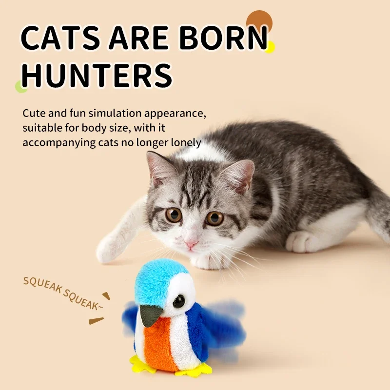 Juguete eléctrico inteligente para gatos, pájaro de peluche con alas para chirrido y sacudir, juguete para gatos con cuerda colgante, juguetes interactivos para gatos - imagen 2