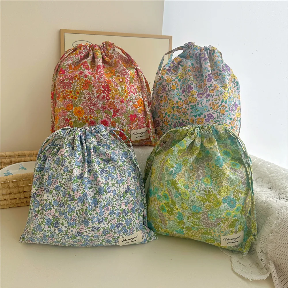 Bolsa de maquillaje de algodón organizadora portátil, ropa interior de viaje, bolsas con cordón, bolsas para mamá con estampado de flores, bolsas de cosméticos