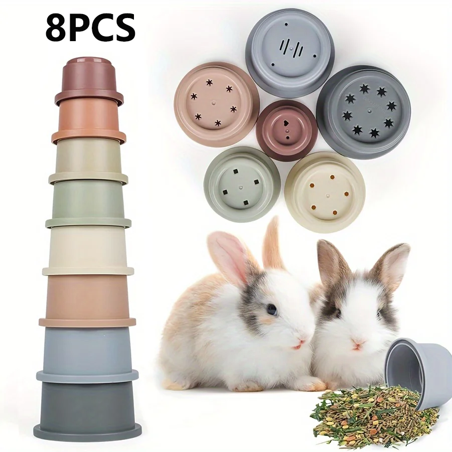 8 tazas apilables para conejos, Chinchillas y conejillos de indias, juguetes anidados de plástico reutilizables multicolores, 8 tamaños surtidos para Fo