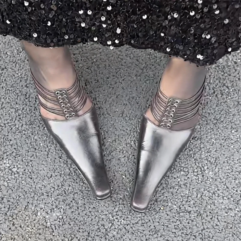 Roma tacones extraños zapatos de mujer Sexy puntiagudos negro moda Slingback Retro señoras sandalias Cool Girl - imagen 5