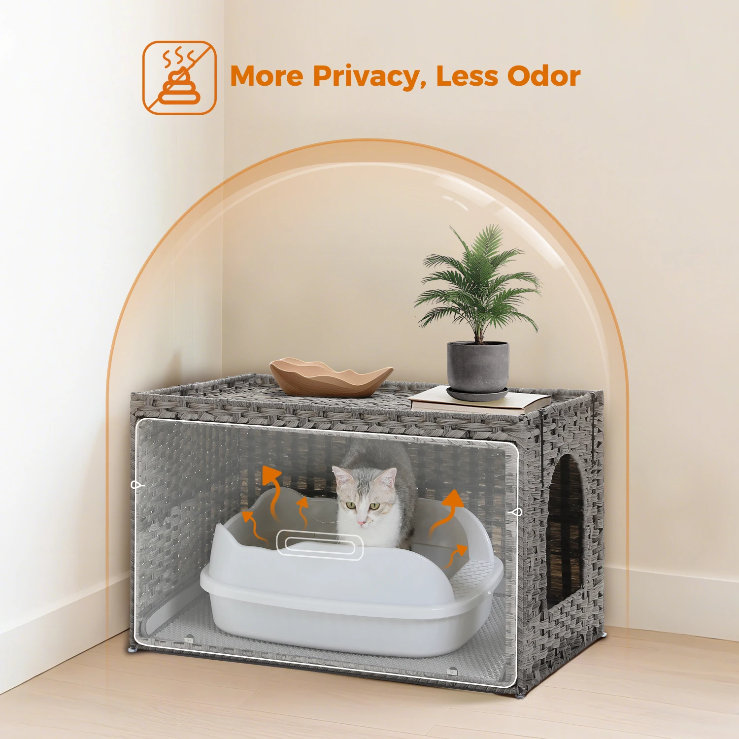 Caja de arena para gatos de ratán, muebles con puerta, caja de arena oculta de ratán tejida a mano, Control de olores para sala de estar, cama para casa de gato - imagen 2