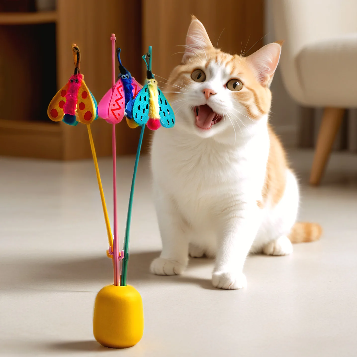 Varita interactiva para gatos con mariposa y mango largo