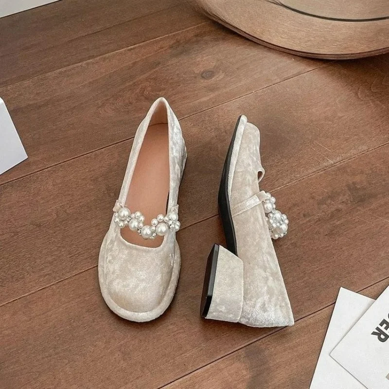 Pearl Flower-zapatos Mary Jane de suela gruesa para mujer, Sandalias de tacón alto con plataforma, para fiesta, 2024 - imagen 5