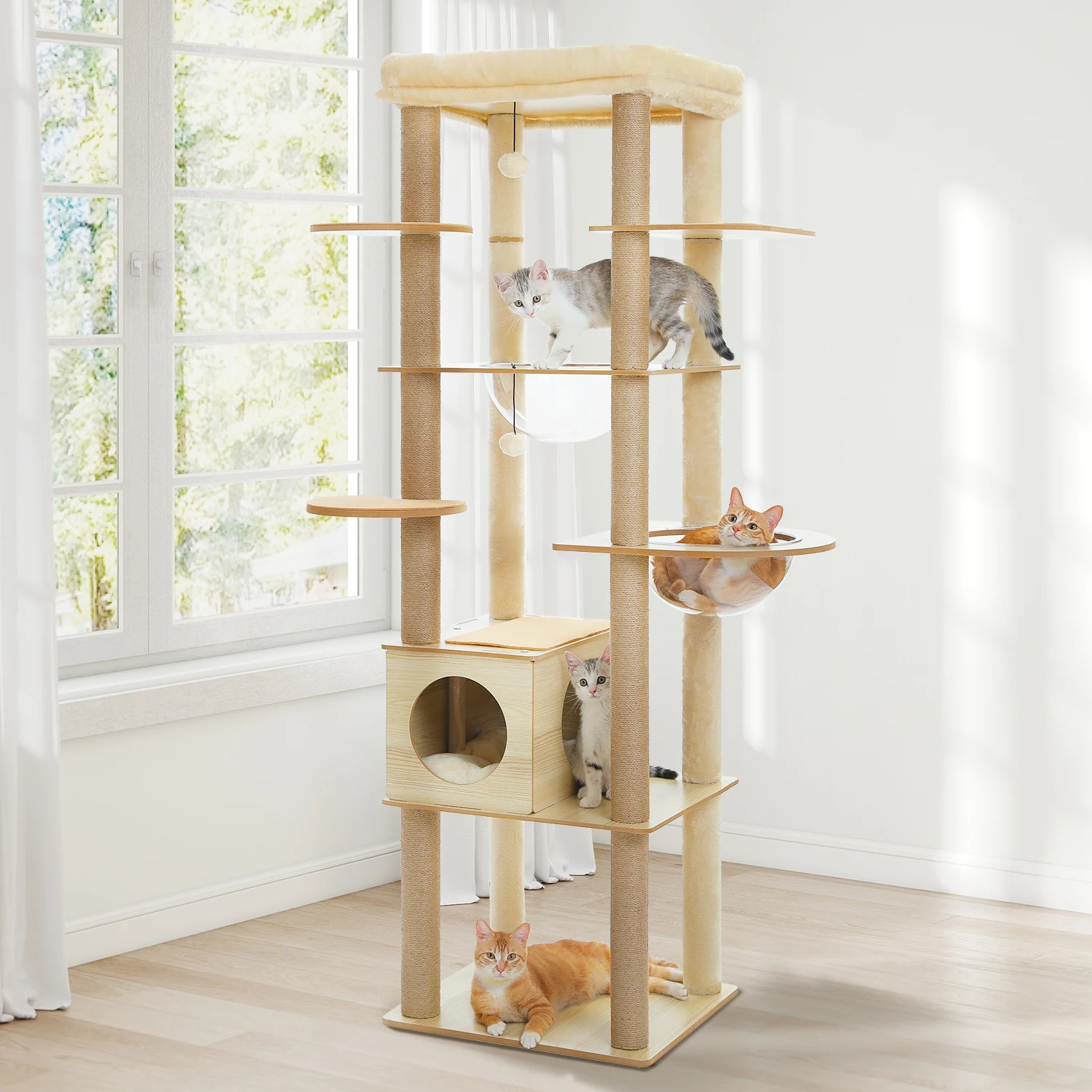 Torre alta para gatos de madera – Hamacas y postes rascadores - imagen 3