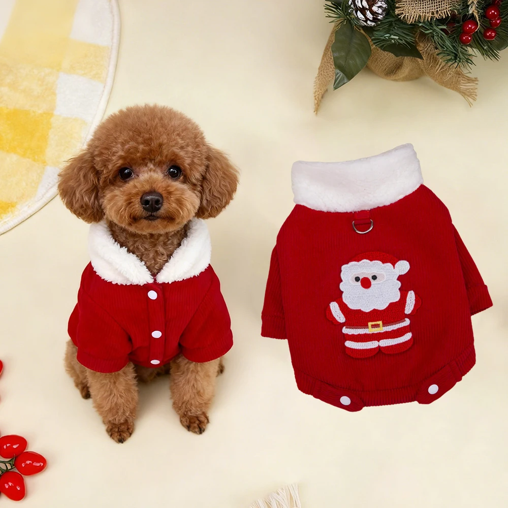 Chaqueta navideña para perros y gatos con anillo de tracción, abrigo grueso para mascotas con Cuello de piel para perros pequeños, ropa para cachorros Chihuahua Yorkshire