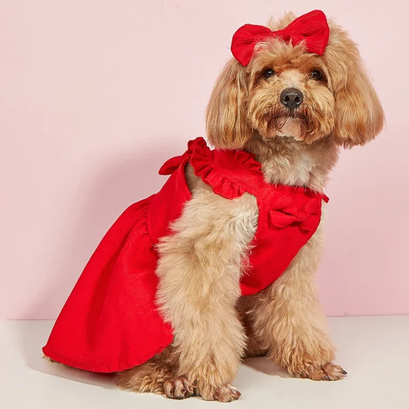 Lindo vestido de perro de estilo literario con pajarita y falda con tirantes, ropa para perros Teddy Corgi Bichon - imagen 2