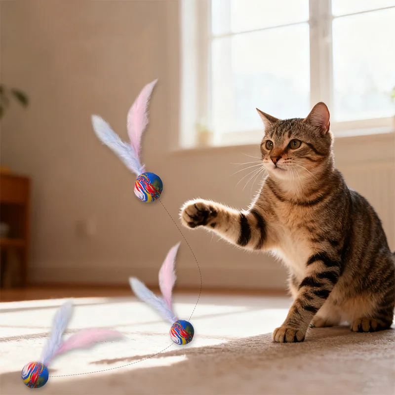 2 unids/set de pelotas hinchables para gatos, juguete interactivo para mascotas, juego divertido de persecución, juguetes de plumas para gatos, accesorios para gatos - imagen 2