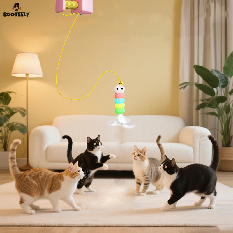 BOOTEELY-palo de Teaser para gatos, fregona colgante eléctrica con forma de campana de plumas, accesorios de Teaser para gatos, columpio colgante, juguete de primavera para mascotas