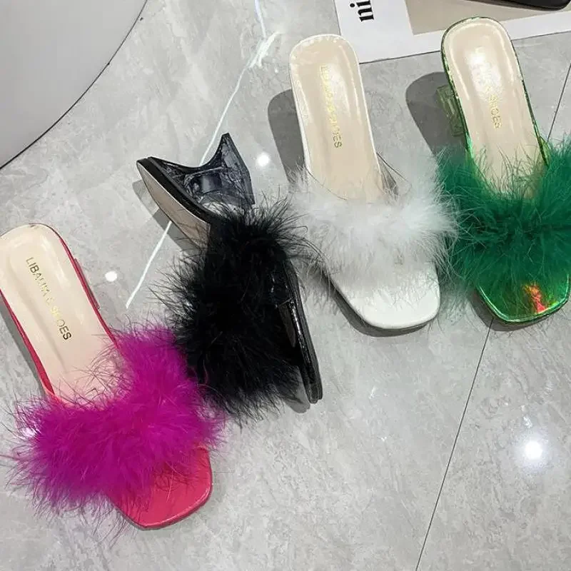 Ytmtloy-zapatos de tacón alto y esponjoso para mujer, Zapatillas de casa sin cordones de interior, con plumas de piel, 2022 - imagen 5