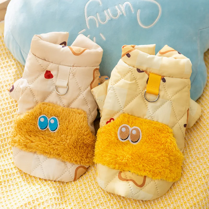 Ropa para perros para otoño e invierno, cálidos bolsillos empalmados de felpa, tracción impresa para ambos pies, Parkas para perros, oso de peluche, suministros para mascotas