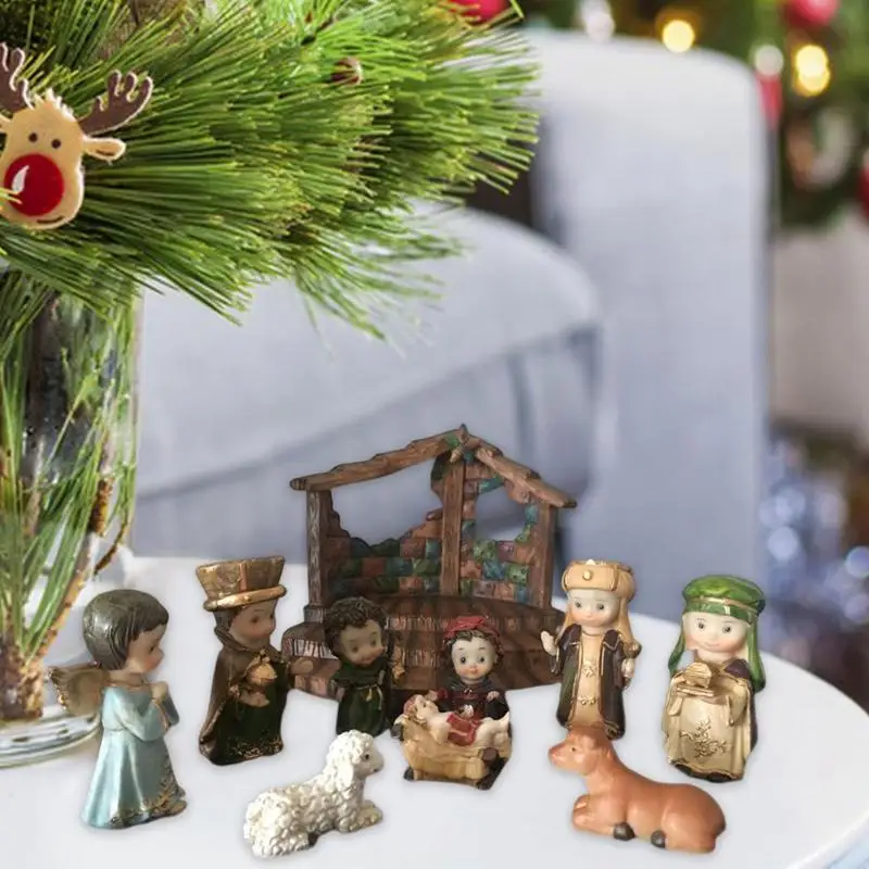 Juegos de Natividad de resina de Navidad, figuritas de escena de nacimiento de Jesús, Kit de estatuas, 10 piezas con cadena estable y ligera, decoraciones navideñas - imagen 3