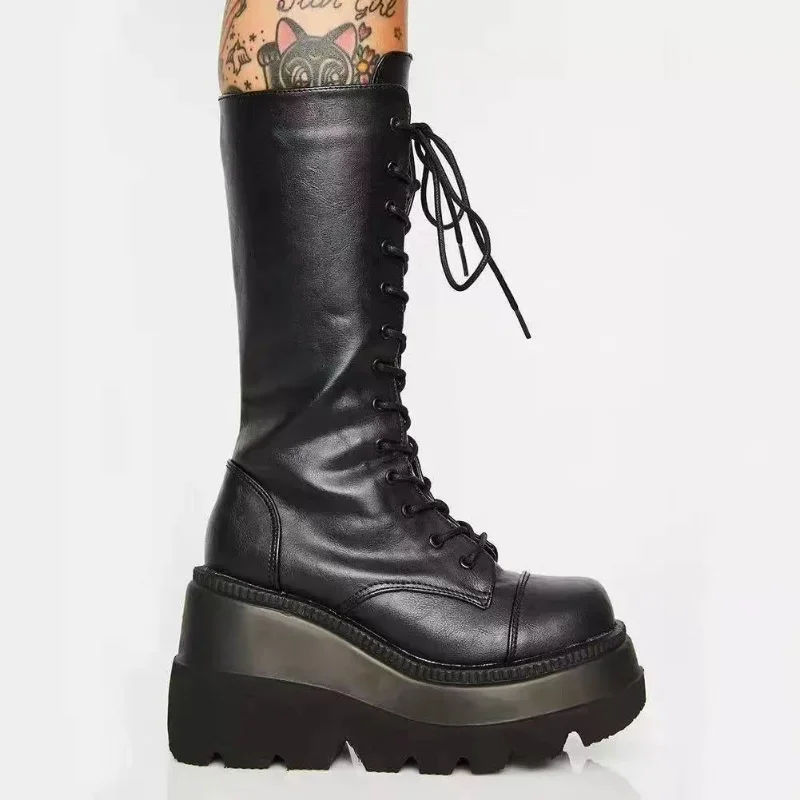 Botas de plataforma para mujer, botines militares de combate contra la lluvia, cuero corto negro, Rock, Punk, gótico, Lolita, Ofertas de liquidación, Invierno - imagen 4