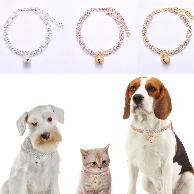 Collar ajustable de lujo con campana y circonitas para perro y gato
