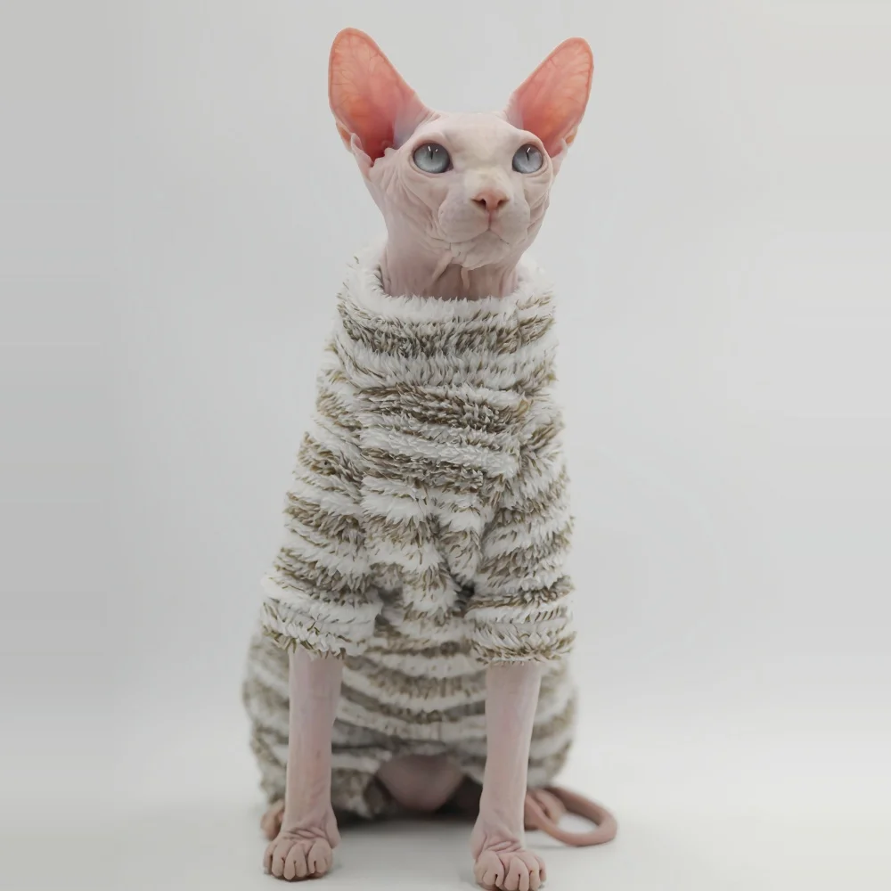Suéter de invierno de cuello alto para gato esfinge, abrigo verde claro cálido de 4 patas para gatitos Devon Rex, ropa de descanso a rayas gruesas para otoño