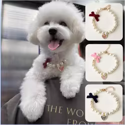 Collar vintage de perlas para mascotas con colgante de corazón, collar ajustable con decoración de diamantes de imitación para gatos, gargantilla con lazo ostentoso para cachorros y gatitos