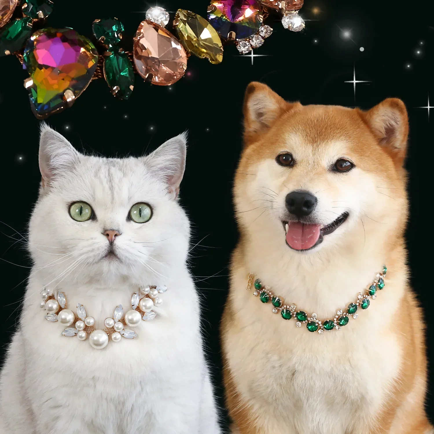 Collar de perro de perlas de lujo: collar de gato de boda con cristales tachonados brillantes, joyería de disfraz ajustable para mascotas para perros pequeños - imagen 4