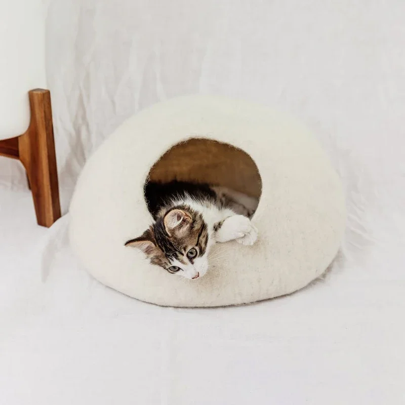 Cama de lana de fieltro hecha a mano para mascotas, muebles impermeables lavables para mascotas, cueva de gatito de fieltro de lana Premium, se desvanece, casa pequeña para mascotas, nuevo - imagen 5